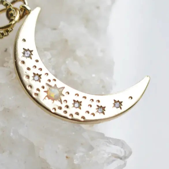 Crescent Moon Opal and Crystal Steel 14K Gold Necklace