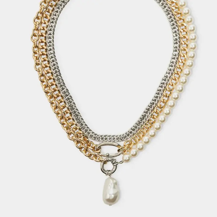 Triple Stack- Necklaces 3 Chains Stacked Pvd Carabiner Pearl