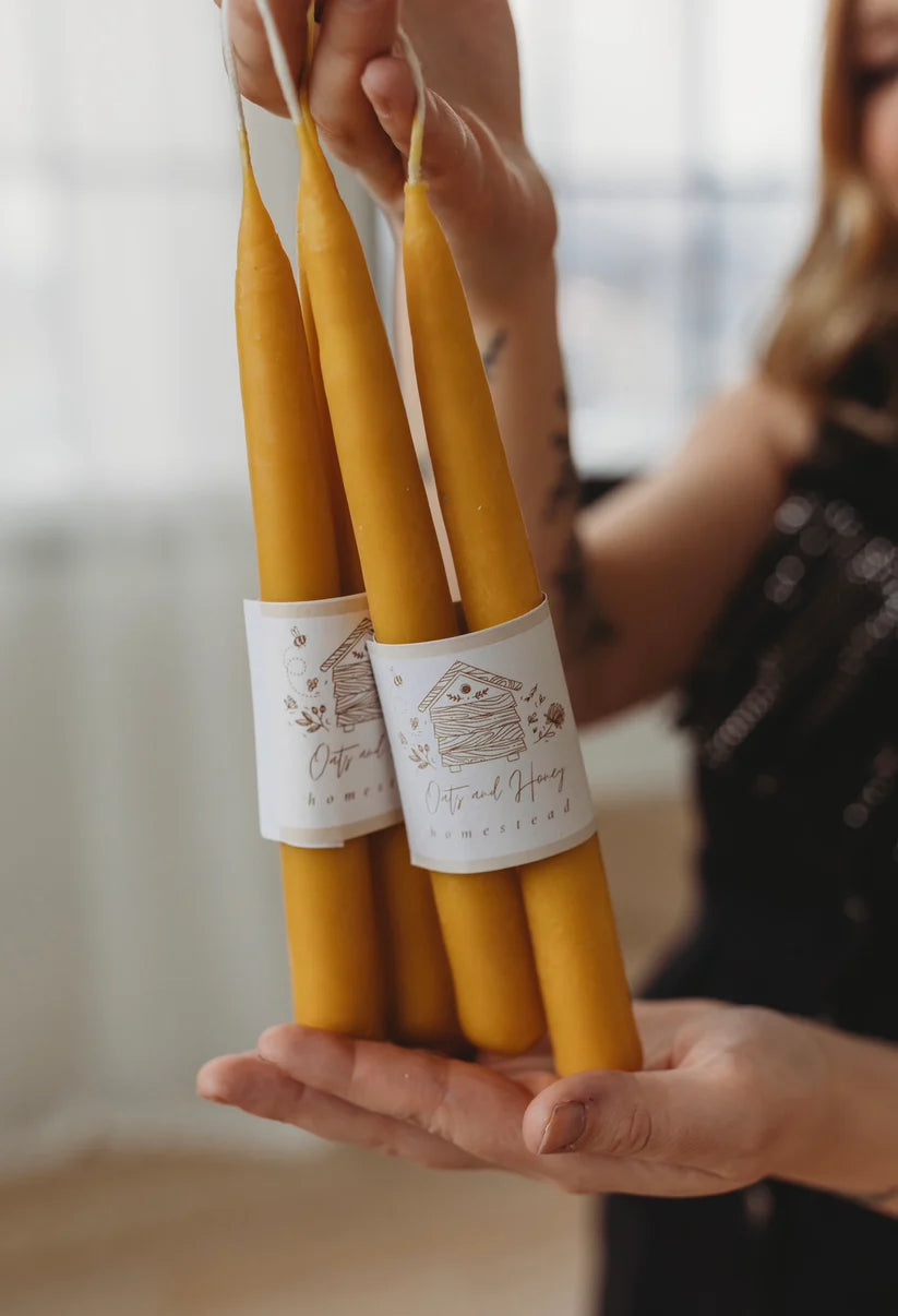 Hand Dipped Beeswax Taper Candles (Oats and Honey Homestead)