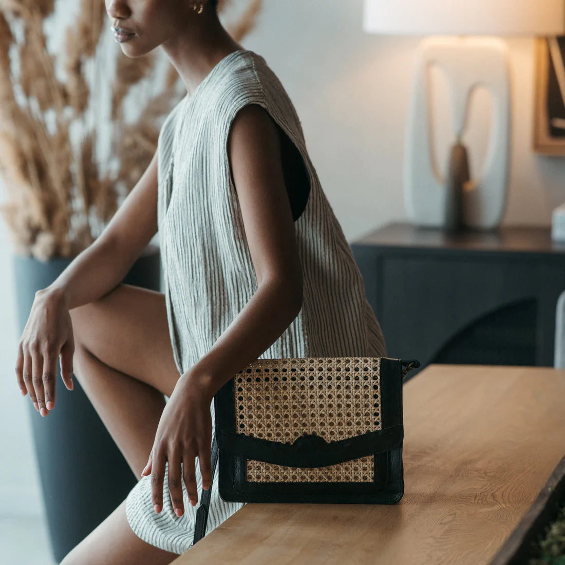 Leather Bag with Cane Accent - Rectangle