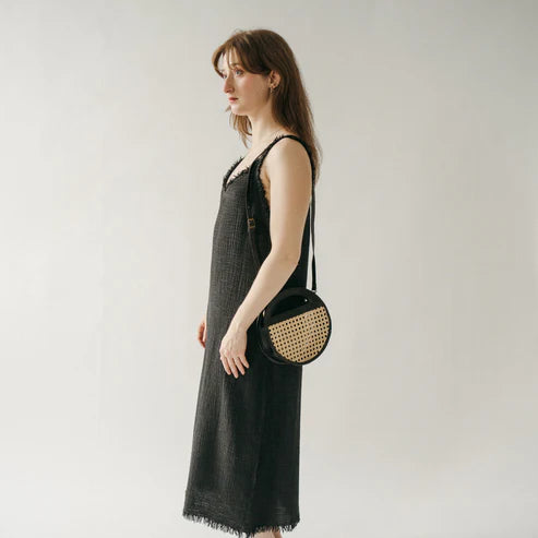 Round Leather Bag with Cane Accent