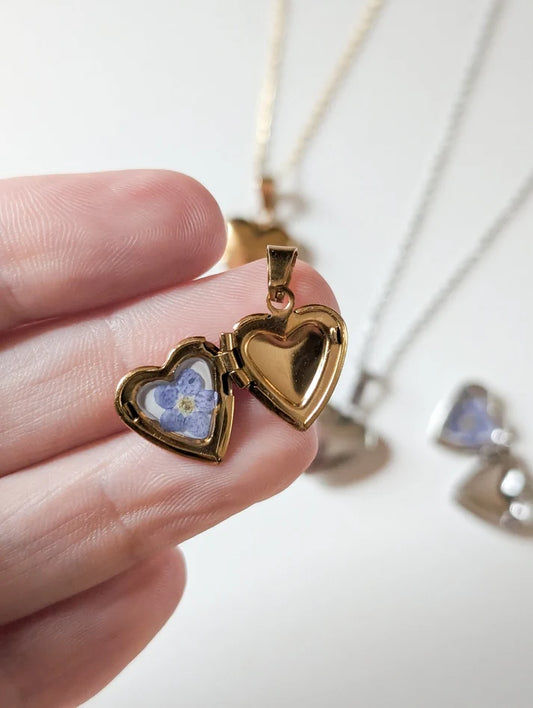 Real Forget-me-not Tiny Heart Locket Necklace