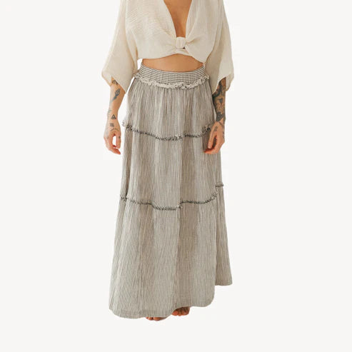 Striped Crinkle Cotton Ruffle Skirt